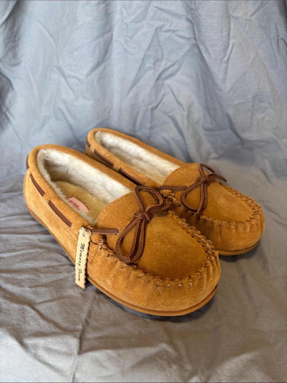 Women’s Softmac Bali Tan Suede Moccasin Slip-Ons with Memory Foam Sherpa Lining
